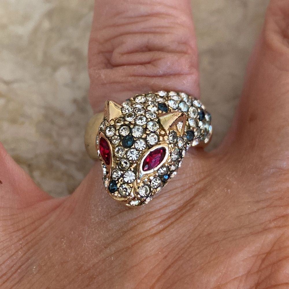 Gold Over Sterling Silver Panther & Crystals Statement Ring Vintage